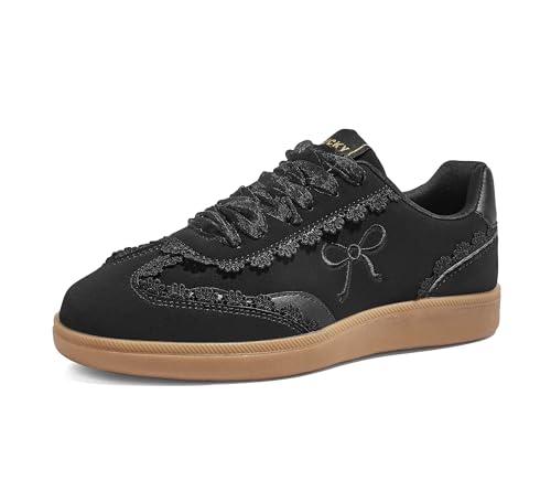 LUCKY STEP Women’s Lace Detail Casual Sneakers Organza Ribbon Lace-Up Fashion Vintage Gum Sole Trendy Cute Shoes(Black,7)