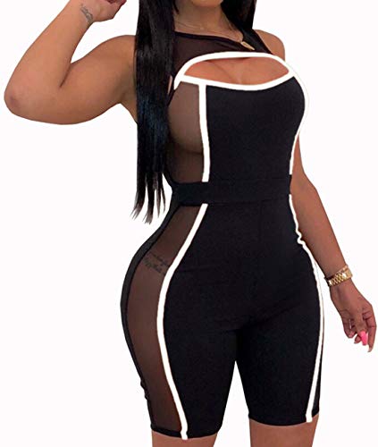 Yiershu Women's Sexy Sleeveless Rompers Bodycon Hollow Out See Through Sheer Mesh Short Pants Jumpsuits Stretchy Clubwear (Medium, Black White)