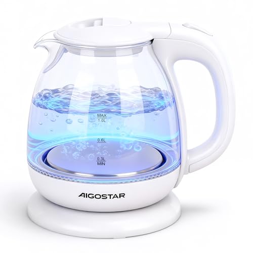Aigostar Elvin - Hervidor de agua eléctrico, vidrio de borosilicato, 2200W, iluminación LED,...