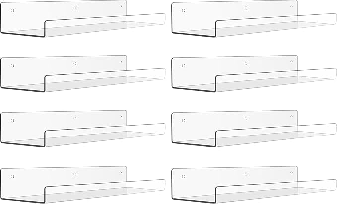 Image of Acrylic Floating Wall Shelves | 15-Inch Clear Invisible Display Shelf | Thick 3mm Transparent Wall Rack for Home, Office & Bathroom Decor (Pack of 4)