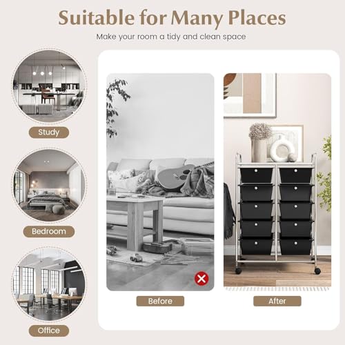 Image of LDAILY 10 Drawer Rolling Cart, Storage Cart Organizer on Wheels, Drawer Cart with Metal Frame & Large Storage Capacity, Rolling Cart with Drawers for Living Room Classroom, Office