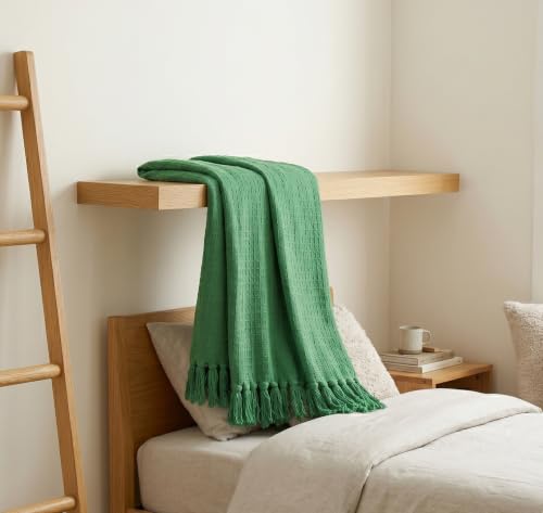 Image of Furnistitchs Bohemian Cotton Sofa Throw Blanket 50x60 inches | Waffle Knit & Chevron Pattern with Fringes | Aesthetic Decorative Couch Throw for Living Room & Bedroom (Forest Green)