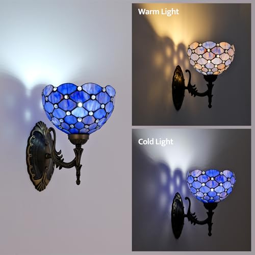 Image of Tiffany Wall Sconce Hand-Weld Stained Glass Bedside Lamp with Classic 8 Inches Lampshade for Bedroom Hallway Living Room Home Office (Blue Purple)