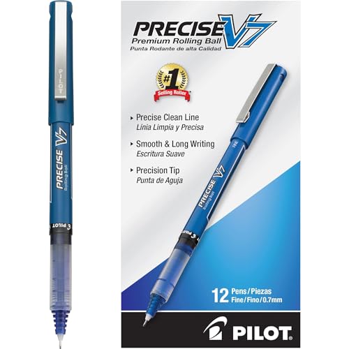 Pilot, Precise V7, Capped Liquid Ink Rolling Ball Pens, Fine Point 0.7 mm, Blue, Pack of 12