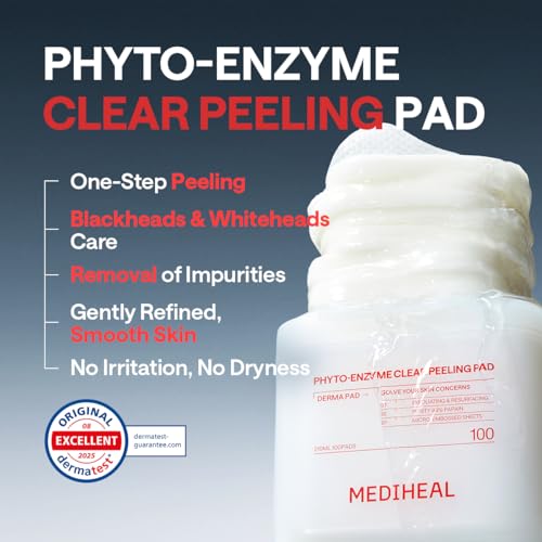 Image of MEDIHEAL Toner Pads 100 Count - Phyto Enzyme Clear Peeling - Exfoliating Peeling Pad with LHA & Papaya Enzyme - Helps Blackhead & Whitehead Removal - Dual-Textured Pad for Pore Care, Korean Skin Care