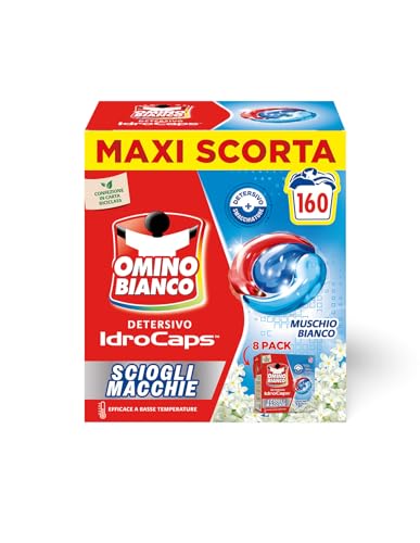 Omino Bianco Idrocaps - Detergente en cápsulas removedor de manchas, 160 lavados, eficaz a baja temperatura, fragancia de espuma blanca, 20 tapas x 8 paquetes
