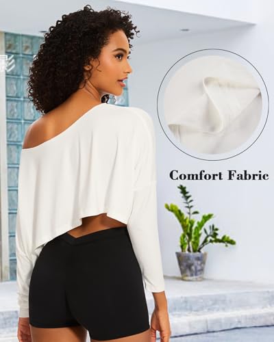 Loose Off The Shoulder Crop Tops for Women Long Sleeve Oversized Crop Tops Workout Spring Summer Casual T Shirt4
