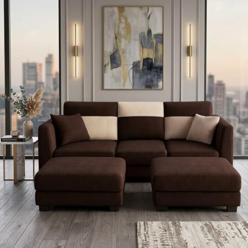 Image of SOCOZI Evanto 5 Seater L Shape Sofa Set with 2 Movable Ottomans | Flexible Layout | Soft Velvet Suede Fabric | Modern Sofa | Plush Comfort Cushions for Living Room, (Dark Brown-Cream)