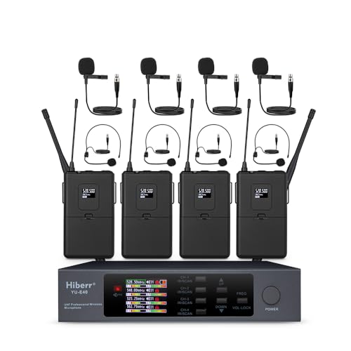 Hiberr Wireless Microphone System, 4 Channels Adjustable UHF Wireless Microphone Headset Metal Shell Vocal Wireless Mic lapel for Church, Party, Singing, SpeechYU-E40B Cordless Microphone