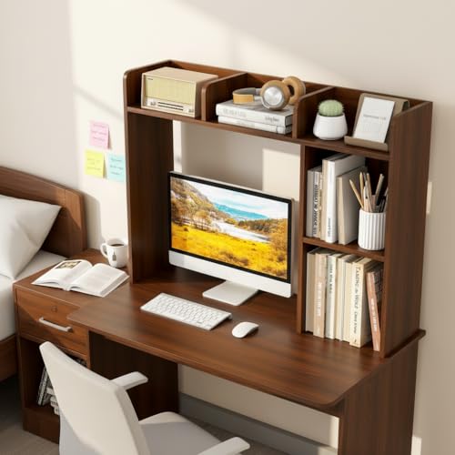 Image of Tangkula Desktop Bookshelf, Countertop Storage Hutch with Shelves for Computer Desk, Desk 3-Tier Display Rack, Multipurpose Wood Desktop Hutch Storage Organizer for Dorm Office (Walnut)