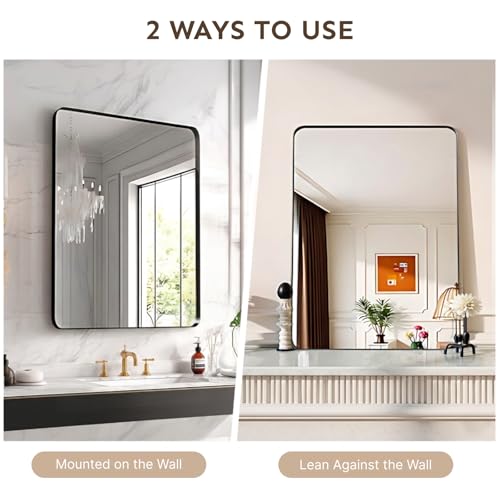 Image of 36 inchx30 inch Bathroom Vanity Mirror for Wall Aluminum Framed Farmhouse Rectangle | Anti-Rust, HD Reflection Anti-Desilvering, Distortion Free, Tempered and Shatter-Proof Wall Mounted Mirror, Black