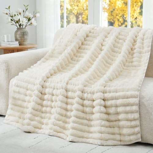 Image of Fleece Weighted Blanket for Adults (60 inch x 80 inch 20lbs, Cream White), Dual Sided Cozy Soft Sherpa Heavy Blanket with 3D Striped Flannel Blankets for Couch and Bed | Soft Queen Size Sherpa Weighted Blankets with Glass Bead Filling, Plush 3D Striped Heavy Throw Blanket for Bed and Couch