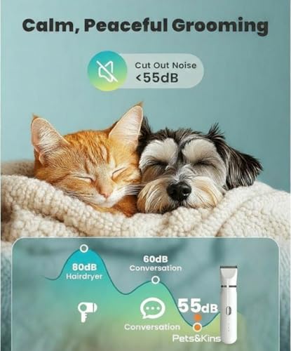 Image of Pets&Kins 4-in-1 Pet Grooming Kit with Trimmer and Nail Grinder | Silent, Cordless Rechargeable and IPX7 Waterproof for Dog & Cat | 4 attachments | Storage Bag | Quiet 2-Speed Clippers for Paws, Face, Ears & Nails | White