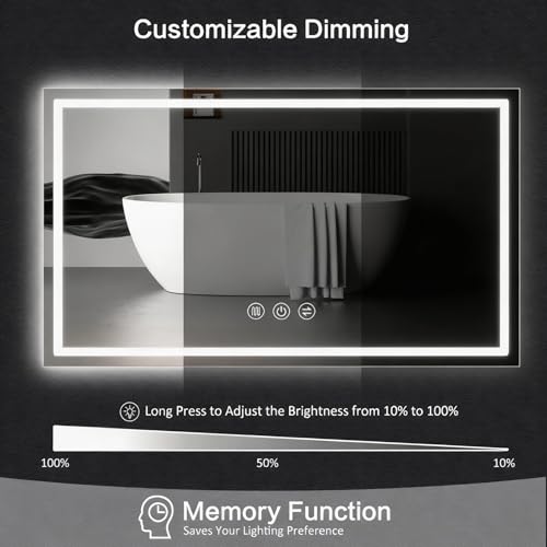 Image of 50 inchx 32 inch LED Bathroom Mirror with Light, Front and Backlit LED Mirror for Bathroom, Anti-Fog, Stepless Dimmable, 3 Colors, LED Vanity Mirror with Lights, Memory Function, Tempered Glass