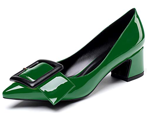 YODEKS Women's Low Block Heels Chunky Heels Slip On Pumps Closed Pointed Toe 2 Inch Dress Bow Loafer Shoes for Wedding Office