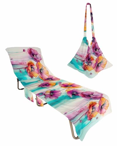 Spring Floral Beach Lounge Chair Towel Cover, Soft Chaise Lounge Towel with Side Pockets Patio Pool Chairs Cover for Beach/Pool Sunbathing 29x85 Watercolor Summer Botanical Colorful