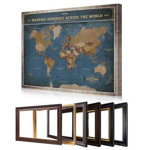 Image of DECORARTS - Large Personalized World Travel Map with Pins, Custom Name, Pin Board Canvas Wall Art, Navy Blue World Decor, Optional Wood Frame, Giclee Print, Handcrafted in USA, 35x28''