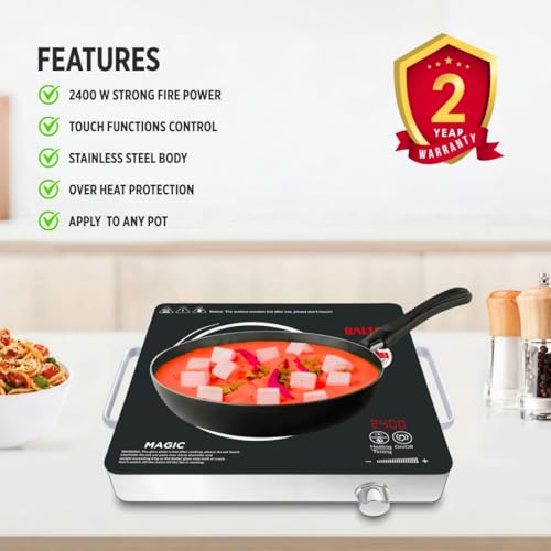 Image of BALTRA Magic 2400 W Infrared Induction Cooktop with Free Stainless Steel Grill for barbecue | Auto Shut Off & Overheat Protection Multi Power Level Function, Digital Display (Black, Touch Control)