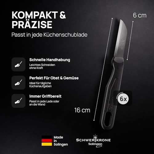 Foto von Schwertkrone® Schälmesser 6er Set [MADE IN SOLINGEN - GERMANY] - Gemüsemesser Obstmesser - Küchenmesser klein scharf - Schneidemesser Kartoffelschälmesser - Allzweckmesser (6x bunt - 6cm Klinge)