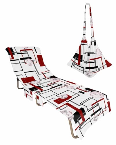Abstract Red Beach Chair Towel Covers for Chaise Lounge with Side Pocket, Soft Plush Pool Towels Cover for Patio Sunbathing Outdoor 29''x85'' Geometric Black Grey Modern Marble