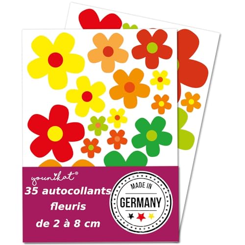 Französisch: Set d’autocollants fleurs colorées | Stickers Flower-Power pour scooter, vélo, ordinateur portable, téléphone, voiture | résistant aux...