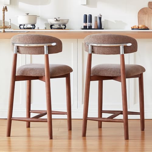 Image of Solid Wood Bar Stools Set of 2,25'' Coffee-Colored Counter Height Bar Stools，Made Solid Wood and Fabric, Ideal for Kitchen Islands and Home Bars