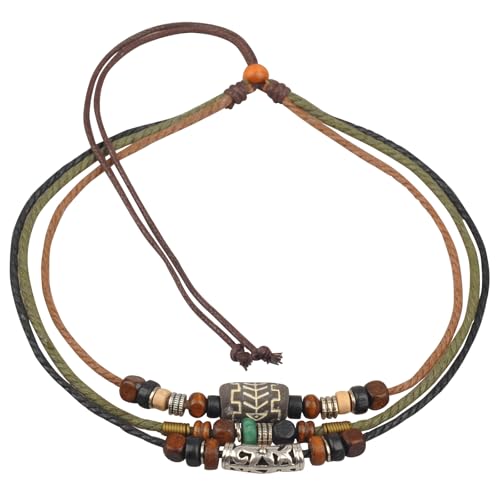 Ancient Tribe Boho Multi-Strand Hemp Cord Choker Necklace with Gray Ceramic Bead, Adjustable 14.5 Inches