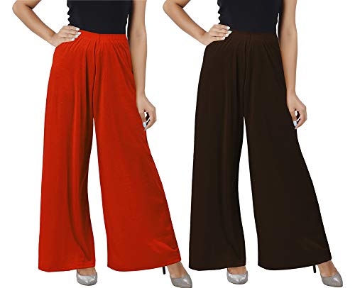 Image of Buy That trendz M to 4XL Cotton Viscose Loose Fit Women M to 6XL Flared Wide Leg Palazzo Pants for Orange Chocolate Brown 2 of Pack Combo XXXX-Large