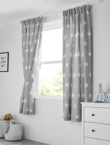 Bloomsbury Mill - Cortinas forradas con alzapaños para niños - Estampado de estrellas grises y blancas - 168 cm x 183 cm