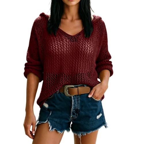 Suéter de Verano de Manga Larga con Capucha para Mujer, Salida de Playa, Casual, de Ganchillo, Hueco, suéter de Punto