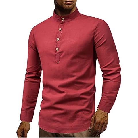 Henley Shirt with Grandad Neck Long Sleeve Men's Shirts 2022 Casual Colour Solid Linen Stand-Up Collar Long Sleeve Cotton Men's Shirts Men's Shirts Long Sleeve Non-Iron, red, XXXXX-Large Cover