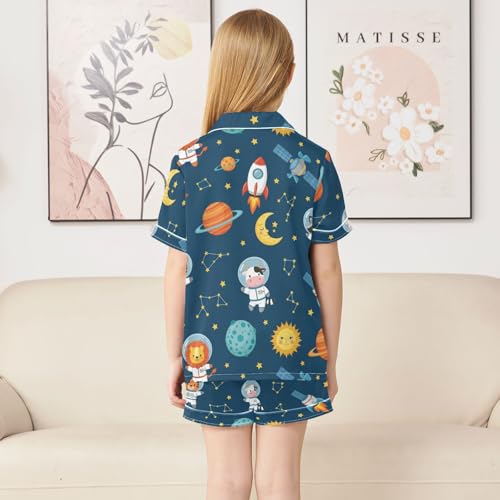 Satin Pajama Sets Short Sleeve Space Animals in Astronauts Button Down Silky Nightwear 2 Piece PJS 5-14Y4