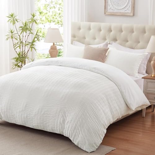 Cozyide White Duvet Cover Queen Size, Soft 3-Piece Seersucker Queen Duvet Cover Set, All Seasons Bedding Set with Zipper Closure and Corner Ties(90