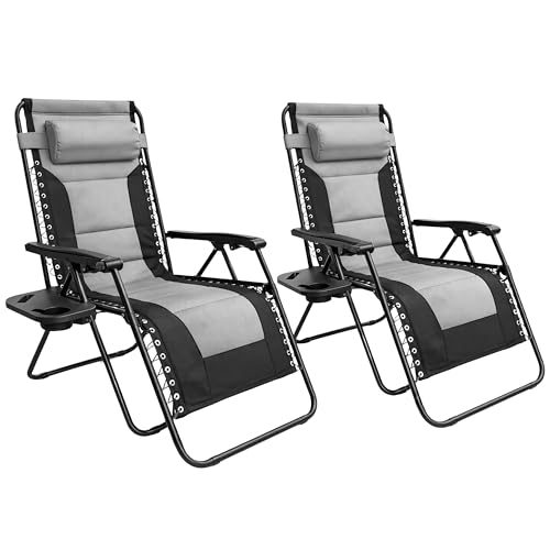 Outsetter Set of 2 Extra Wide Zero Gravity Chairs, Luxury XXL Premium Heavy Duty Padded Garden Recliners,Sun Lounger Folding Garden Recliner,Adjustable Headrest,Cup & Phone Holder(Light Grey)