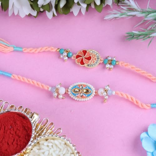 Image of Traditional Handmade Beaded Rakhi For Raksha Bandhan| Hand Bracelet For Brother| Wrist Band For Bhaiya & Bhabhi | Trendy Combination Designs Protective Thread Combo-Set Of 2