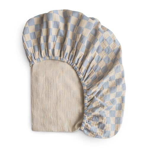 Image of mushie Extra Soft Muslin Fitted Crib Sheet | 192 Thread Count | 28"x 52" (Blue Check)