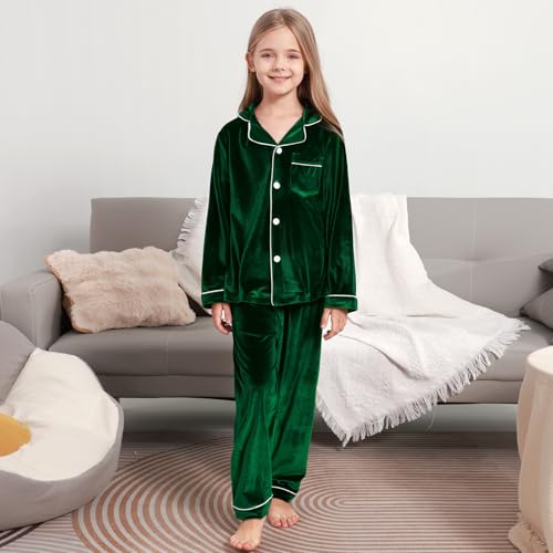 Weixinbuy Girls Velvet Pajamas Set Long Sleeve Solid Laple Pajama Button-Up Sleepwear 4-14Y Kids Fall Winter Clothes Outfits2