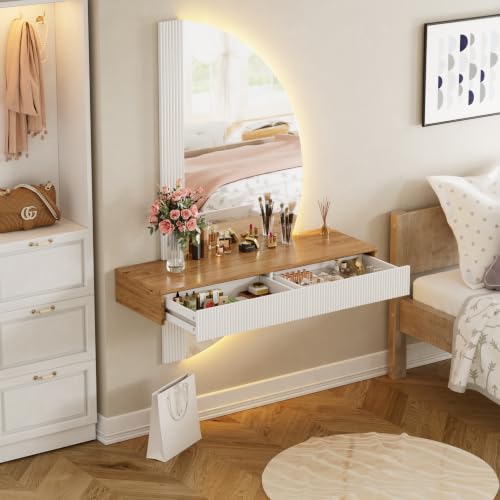 MSFE Tocador Flotante con luz LED y Espejo Semicircular, Penteadeira,Mesa de Maquillaje de Pared con 2 Cajones, Tocador de Maquillaje, Altura Regulable, Ahorro de Espacio, 120 x 40 x 160cm