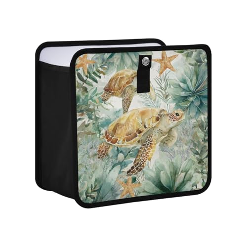 Image of Car Trash Can Organizer Bin with Adjustable Strap for Back Front Seat Console Waterproof Leakproof Collapsible Portable 8.66 Inch Sea Turtle Starfish Plants