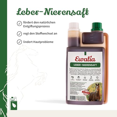 NEU! EWALIA Leber-Nierensaft - Vitalisierendes Ergänzungsfuttermittel für Pferde, Unterstützung für Leber und Nieren während des Fellwechsels, Natürliche Entgiftungshilfe, 100% Natur pur, 2x1 Liter