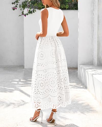 Image of dowerme Women Summer Dresses 2026 Casual Sleeveless Crewneck A-Line Boho Lace Eyelet Cotton Tank Maxi Dress with Pockets