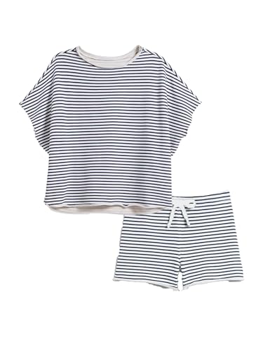 Bozanly Womens Loungewear Set Short Sleeve Top and Shorts Oversized 2 Piece Outfits Solid Color/Striped Matching Pajama Sets