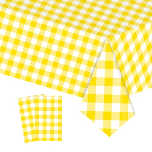 2 Pièces Nappe Plastique Rectangulaire à Carreaux,137*274cm Nappe de Table Jaune Blanc Anti Tache Imperméables Extensible,Nappes Pvc pour Décoration de...