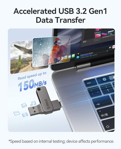 Image of ORICO 64GB Dual USB-C USB-A Flash Drive 150MB /s High Speed USB 3.0 Memory Stick, Zinc Alloy Rotating Design, Compatible with iPhone 15 /16 /17, Android, Mac, PC, Car Audio - Plug & Play