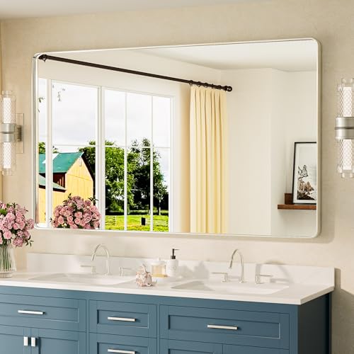 Image of TETOTE 60 x 36 Inch Brushed Nickel Bathroom Mirror Metal Framed Bathroom Mirror, Tempered Glass, Modern Farmhouse Wall Mounted Mirror for Decorative(Horizontal /Vertical)