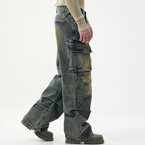 Men's Blue Hip Hop Streetwear Joggers Denim Sweatpants Techwear Vintage Cargo Pants Wide-Leg Multi-Pocket Jeans2