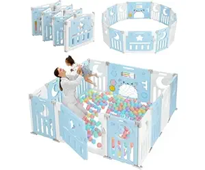Baby Playpen, Dripex Baby Playard for Babies and Toddlers, 14-Panel Foldable Playpen Adjustable Portable Play Area, Indoor/Outdoor Kids Active Center with Game Panel & Safety Gate, Blue White