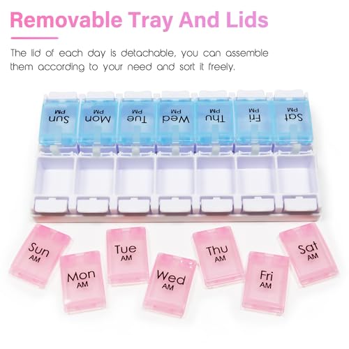 Image of MOLN HYMY Weekly Pill Boxes and Organizer 2 Times a Day, 7 Day AM PM Pill Case Two Week, 14 Large Compartments Pill Dispenser to Hold Medication, Vitamins (Pink+Blue)