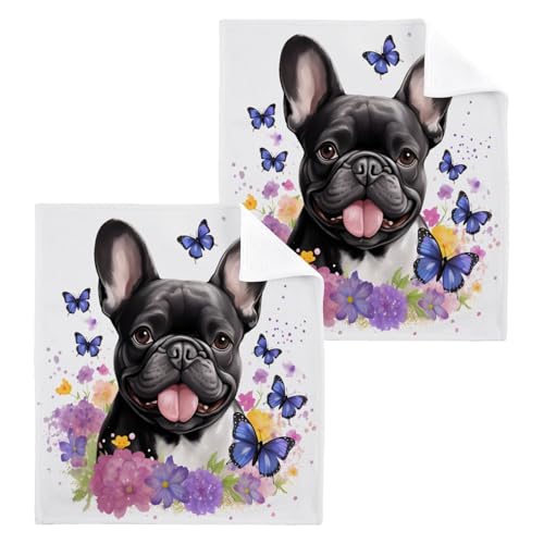 ALAZA Wash Cloth Set 100% Cotton Fingertip Towels Face Cloths Sets Dog Pug Butterfly Highly Absorbent Soft Feel Set of 2