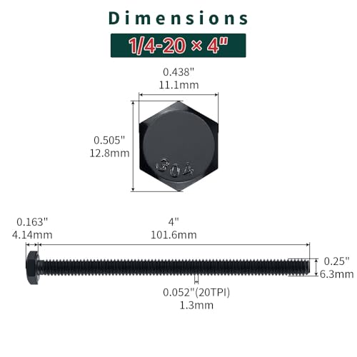 Image of 1 /4-20 x 4 Hex Bolts with Nuts and Washers (10 Sets), 18-8 (304) Stainless Steel, External Hex Drive, Black Oxide Coated Hexagon Head Bolts Screws, Fayeploo